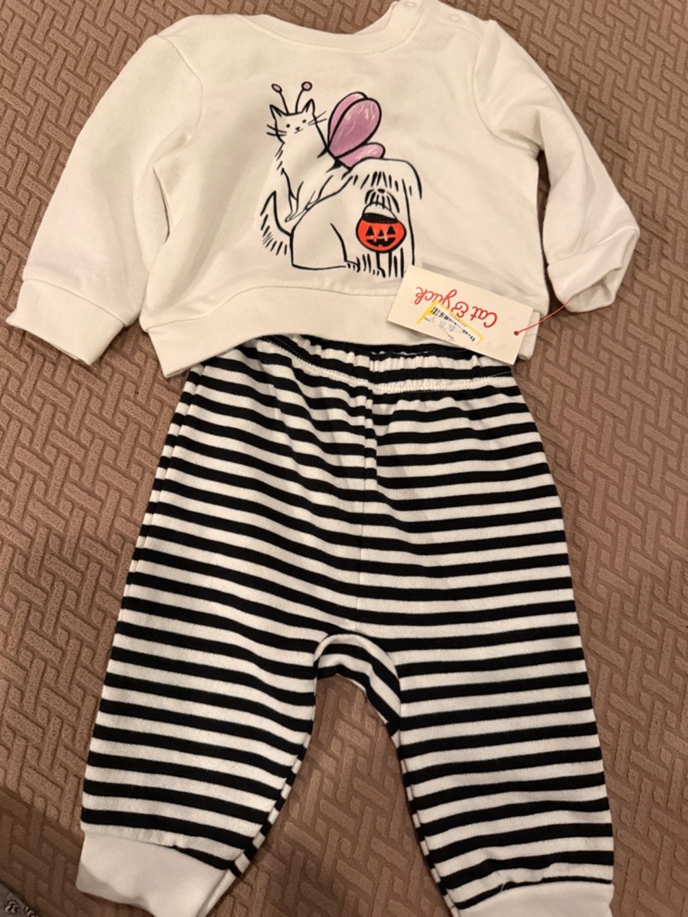 Cat & Jack White Top with Black & White Striped Pants Kids Matching Set
